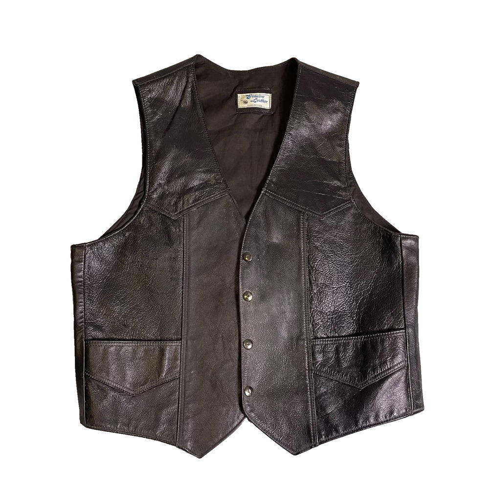 Vintage Genuine Leather Vest Unisex Large Black Made In Mexico Snap Front Biker